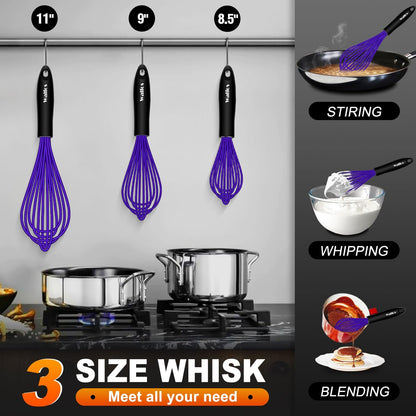 Silicone Whisk,Stainless Steel Wire Whisk Set of 3 -Heat Resistant 480°F Kitchen Whisks for Non-stick Cookware,Balloon Egg Beater Perfect for Blending,Whisking,Beating,Frothing & Stirring,Black