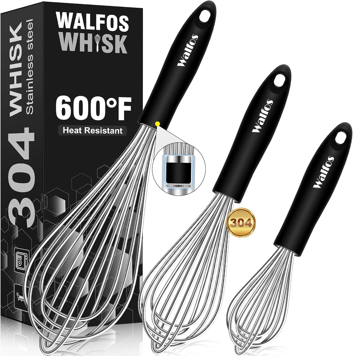 Silicone Whisk,Stainless Steel Wire Whisk Set of 3 -Heat Resistant 480°F Kitchen Whisks for Non-stick Cookware,Balloon Egg Beater Perfect for Blending,Whisking,Beating,Frothing & Stirring,Black