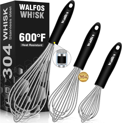 Silicone Whisk,Stainless Steel Wire Whisk Set of 3 -Heat Resistant 480°F Kitchen Whisks for Non-stick Cookware,Balloon Egg Beater Perfect for Blending,Whisking,Beating,Frothing & Stirring,Black