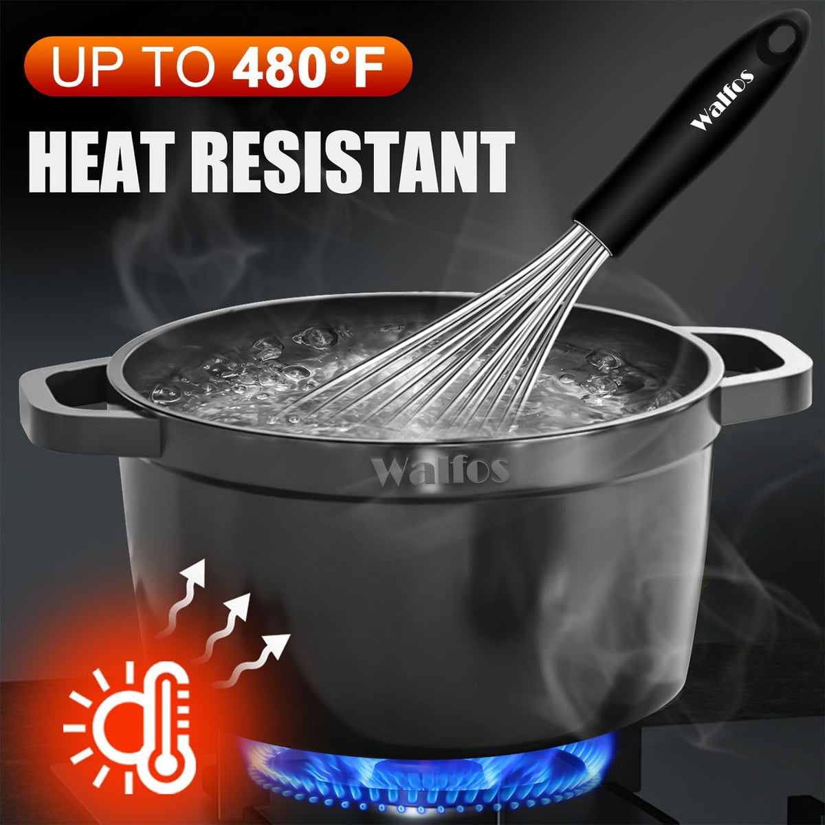 Silicone Whisk,Stainless Steel Wire Whisk Set of 3 -Heat Resistant 480°F Kitchen Whisks for Non-stick Cookware,Balloon Egg Beater Perfect for Blending,Whisking,Beating,Frothing & Stirring,Black