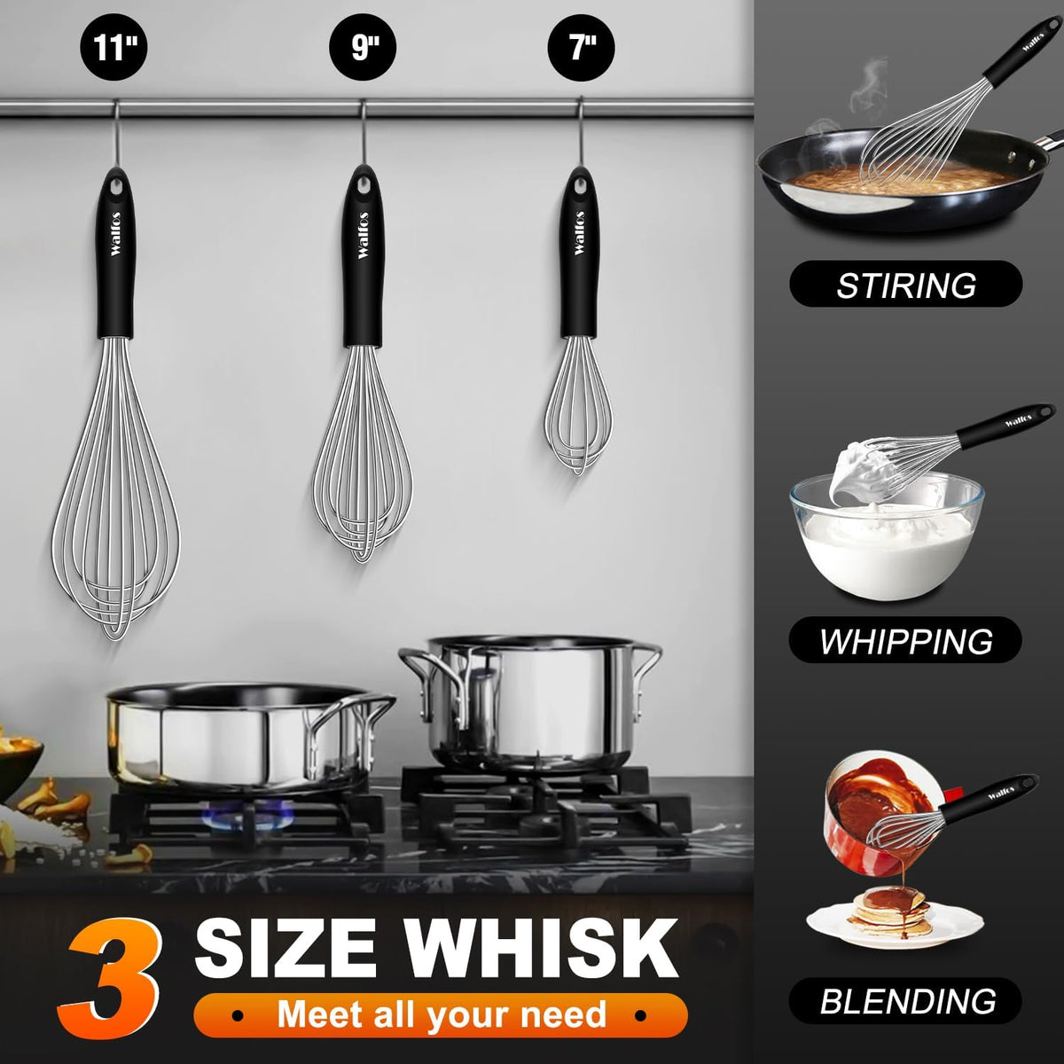 Silicone Whisk,Stainless Steel Wire Whisk Set of 3 -Heat Resistant 480°F Kitchen Whisks for Non-stick Cookware,Balloon Egg Beater Perfect for Blending,Whisking,Beating,Frothing & Stirring,Black