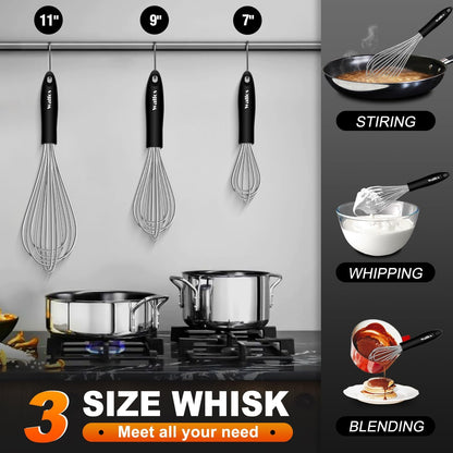 Silicone Whisk,Stainless Steel Wire Whisk Set of 3 -Heat Resistant 480°F Kitchen Whisks for Non-stick Cookware,Balloon Egg Beater Perfect for Blending,Whisking,Beating,Frothing & Stirring,Black