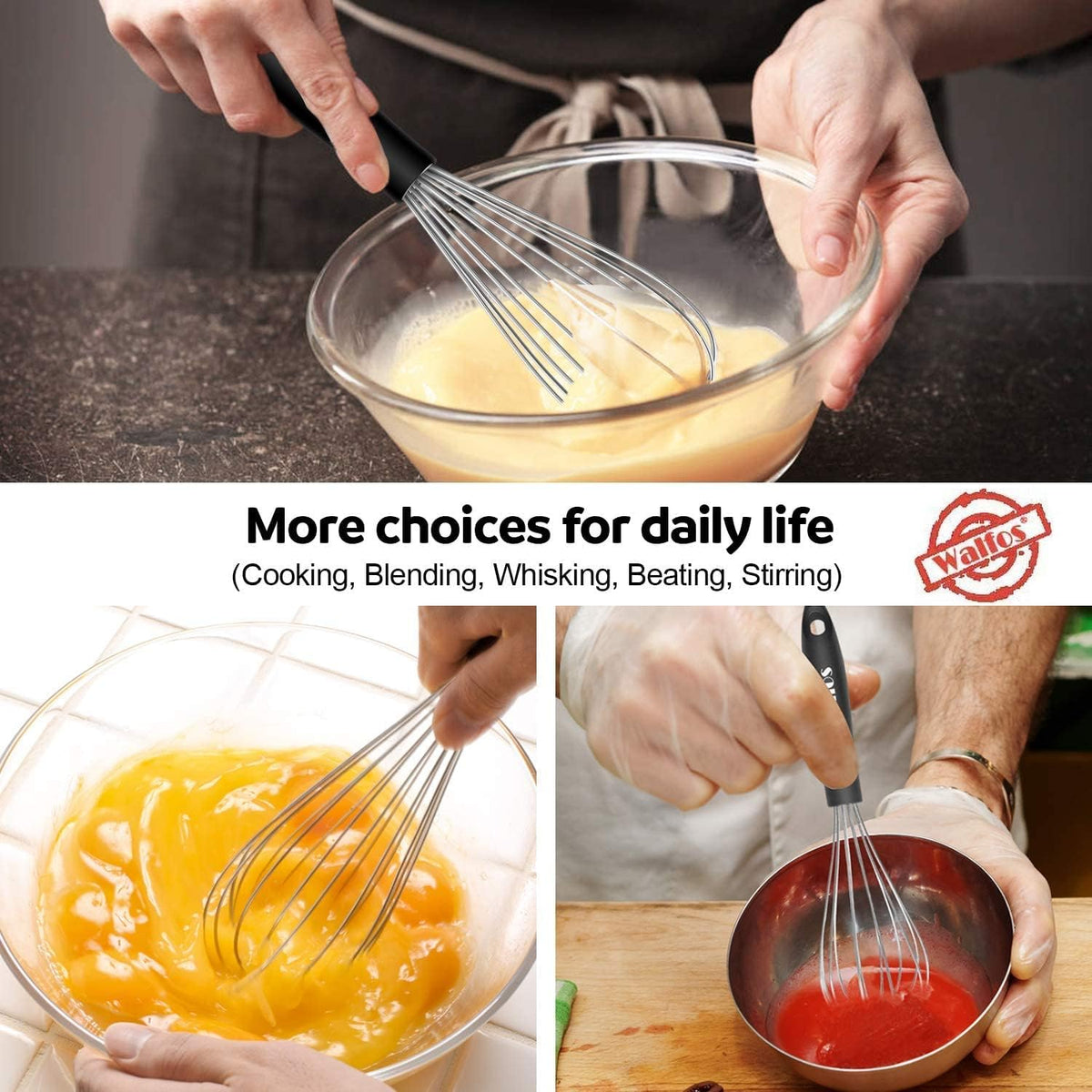 Silicone Whisk,Stainless Steel Wire Whisk Set of 3 -Heat Resistant 480°F Kitchen Whisks for Non-stick Cookware,Balloon Egg Beater Perfect for Blending,Whisking,Beating,Frothing & Stirring,Black