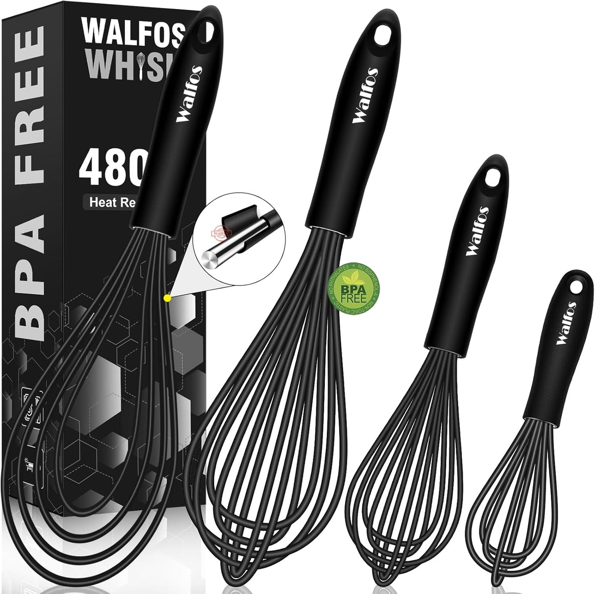 Silicone Whisk,Stainless Steel Wire Whisk Set of 3 -Heat Resistant 480°F Kitchen Whisks for Non-stick Cookware,Balloon Egg Beater Perfect for Blending,Whisking,Beating,Frothing & Stirring,Black