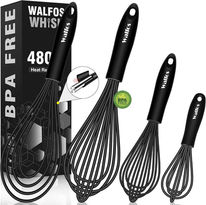 Silicone Whisk,Stainless Steel Wire Whisk Set of 3 -Heat Resistant 480°F Kitchen Whisks for Non-stick Cookware,Balloon Egg Beater Perfect for Blending,Whisking,Beating,Frothing & Stirring,Black