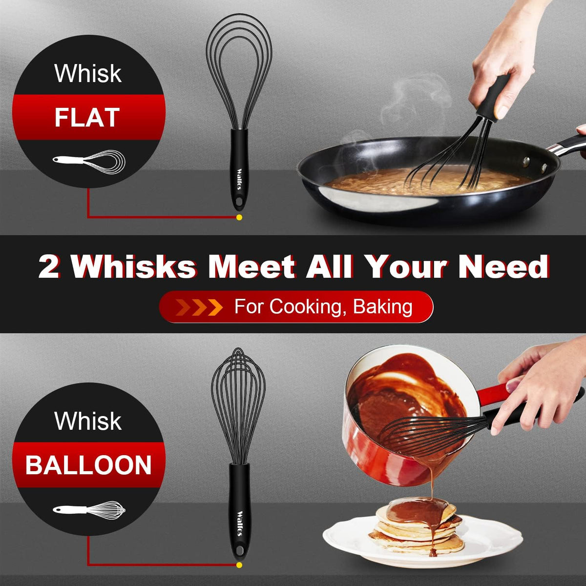 Silicone Whisk,Stainless Steel Wire Whisk Set of 3 -Heat Resistant 480°F Kitchen Whisks for Non-stick Cookware,Balloon Egg Beater Perfect for Blending,Whisking,Beating,Frothing & Stirring,Black