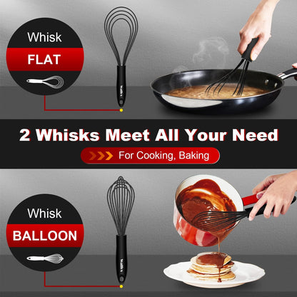 Silicone Whisk,Stainless Steel Wire Whisk Set of 3 -Heat Resistant 480°F Kitchen Whisks for Non-stick Cookware,Balloon Egg Beater Perfect for Blending,Whisking,Beating,Frothing & Stirring,Black