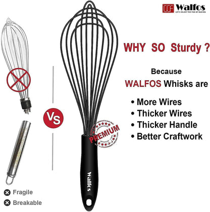 Silicone Whisk,Stainless Steel Wire Whisk Set of 3 -Heat Resistant 480°F Kitchen Whisks for Non-stick Cookware,Balloon Egg Beater Perfect for Blending,Whisking,Beating,Frothing & Stirring,Black