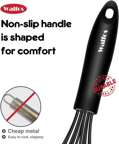 Silicone Whisk,Stainless Steel Wire Whisk Set of 3 -Heat Resistant 480°F Kitchen Whisks for Non-stick Cookware,Balloon Egg Beater Perfect for Blending,Whisking,Beating,Frothing & Stirring,Black