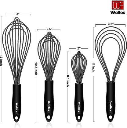 Silicone Whisk,Stainless Steel Wire Whisk Set of 3 -Heat Resistant 480°F Kitchen Whisks for Non-stick Cookware,Balloon Egg Beater Perfect for Blending,Whisking,Beating,Frothing & Stirring,Black