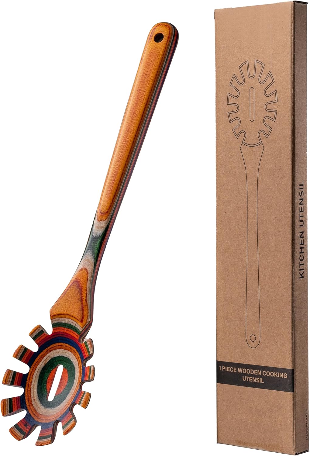 13'' Wooden Pasta Spaghetti Spoon with Teeth, Pakkawood Fork Serving Utensil, Pastas Spatula Kitchen Tool, Slotted Pasta Spaghetti Strainer Spoon for Cooking Serving, Stirring & Serving Noodles