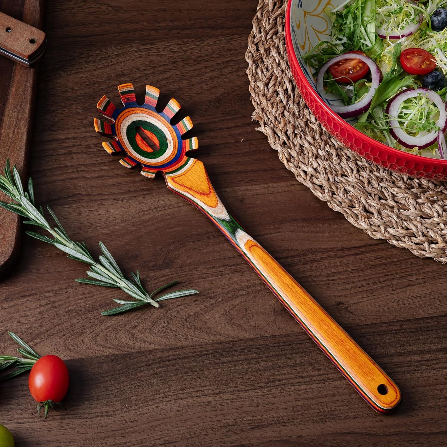 13'' Wooden Pasta Spaghetti Spoon with Teeth, Pakkawood Fork Serving Utensil, Pastas Spatula Kitchen Tool, Slotted Pasta Spaghetti Strainer Spoon for Cooking Serving, Stirring & Serving Noodles