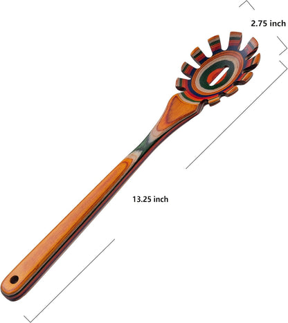 13'' Wooden Pasta Spaghetti Spoon with Teeth, Pakkawood Fork Serving Utensil, Pastas Spatula Kitchen Tool, Slotted Pasta Spaghetti Strainer Spoon for Cooking Serving, Stirring & Serving Noodles