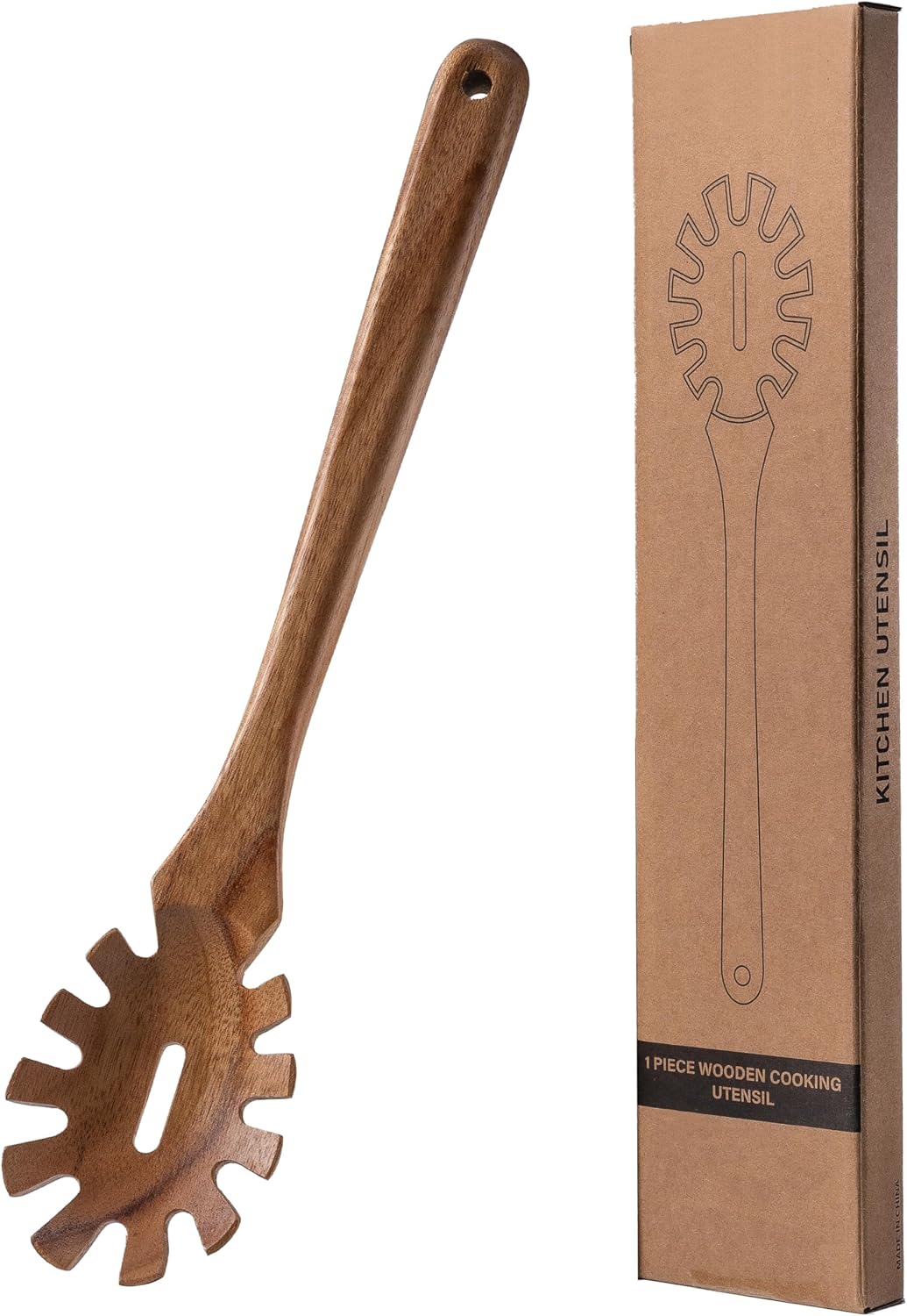 13'' Wooden Pasta Spaghetti Spoon with Teeth, Pakkawood Fork Serving Utensil, Pastas Spatula Kitchen Tool, Slotted Pasta Spaghetti Strainer Spoon for Cooking Serving, Stirring & Serving Noodles