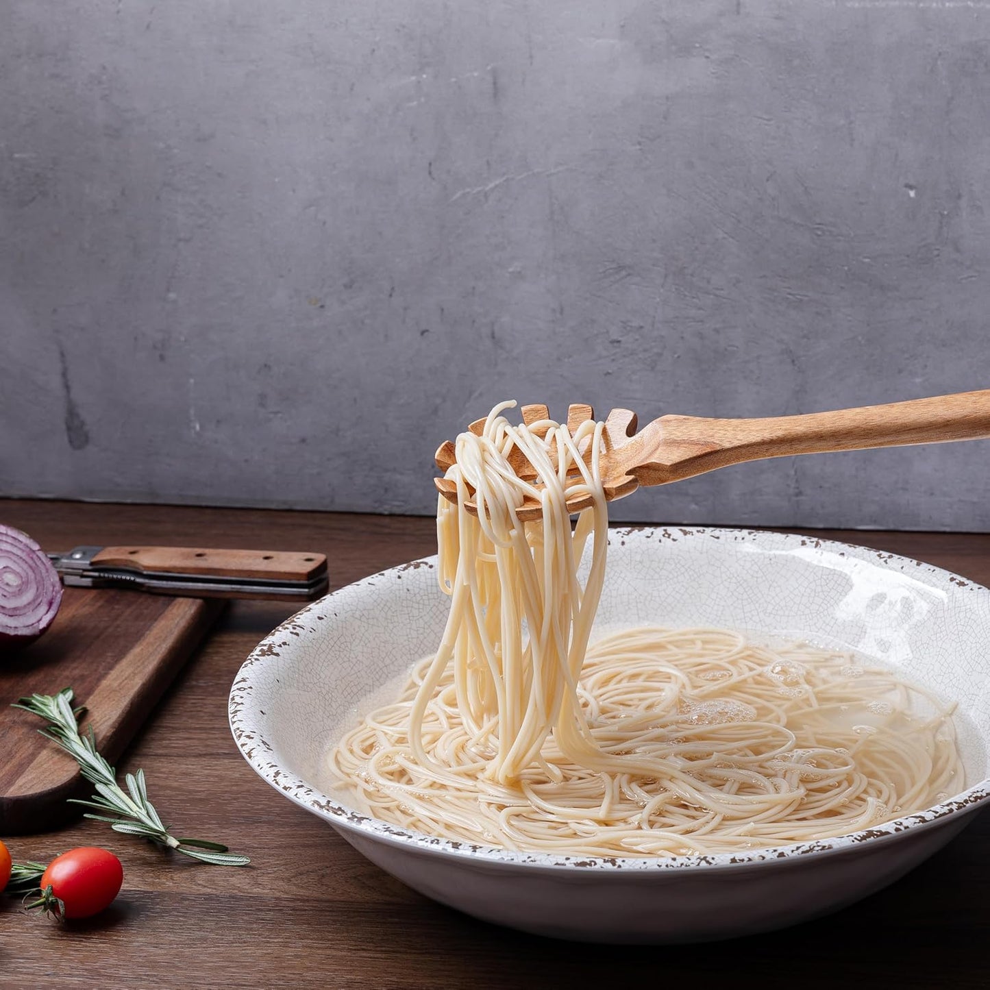 13'' Wooden Pasta Spaghetti Spoon with Teeth, Pakkawood Fork Serving Utensil, Pastas Spatula Kitchen Tool, Slotted Pasta Spaghetti Strainer Spoon for Cooking Serving, Stirring & Serving Noodles