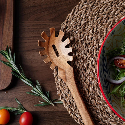 13'' Wooden Pasta Spaghetti Spoon with Teeth, Pakkawood Fork Serving Utensil, Pastas Spatula Kitchen Tool, Slotted Pasta Spaghetti Strainer Spoon for Cooking Serving, Stirring & Serving Noodles