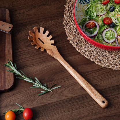 13'' Wooden Pasta Spaghetti Spoon with Teeth, Pakkawood Fork Serving Utensil, Pastas Spatula Kitchen Tool, Slotted Pasta Spaghetti Strainer Spoon for Cooking Serving, Stirring & Serving Noodles