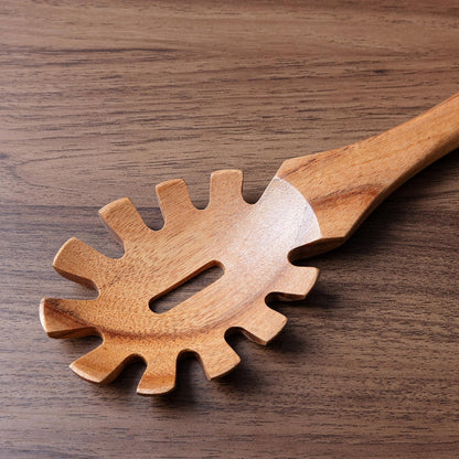 13'' Wooden Pasta Spaghetti Spoon with Teeth, Pakkawood Fork Serving Utensil, Pastas Spatula Kitchen Tool, Slotted Pasta Spaghetti Strainer Spoon for Cooking Serving, Stirring & Serving Noodles