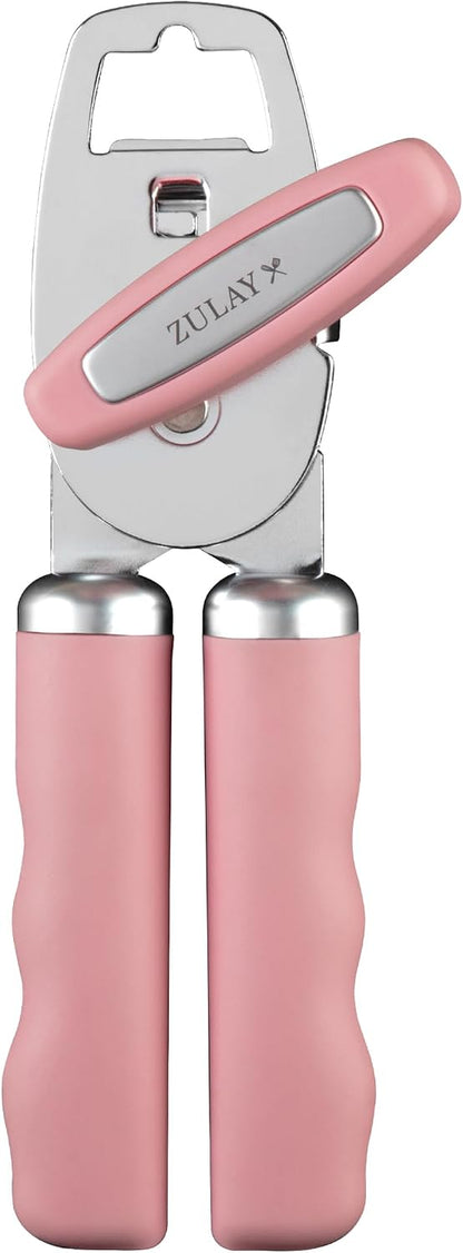 Heavy Duty Stainless Steel Can Opener Manual with Bottle Opener - Rust Proof Manual Can Opener With Turn Knob & Comfy Soft Grip Handles - Cherry Red - Colors A