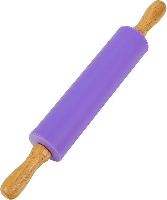 Rolling Pin for Baking, 12 Inch Non-Stick Silicone Surface, Wooden Handle Rolling Pin for Baking Pies, Pastry, Cookies, Kitchen Essential