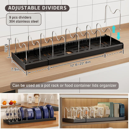 2 Pack Expandable Food Storage Container Lid Organizers, 22" Pots and Pans Organizer Under Cabinet with 9 Adjustable Dividers Pot and Pan Lid Holders Rack Inside Cabinet(White)