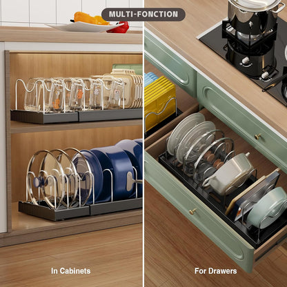 2 Pack Expandable Food Storage Container Lid Organizers, 22" Pots and Pans Organizer Under Cabinet with 9 Adjustable Dividers Pot and Pan Lid Holders Rack Inside Cabinet(White)