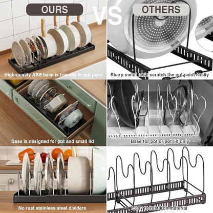 2 Pack Expandable Food Storage Container Lid Organizers, 22" Pots and Pans Organizer Under Cabinet with 9 Adjustable Dividers Pot and Pan Lid Holders Rack Inside Cabinet(White)