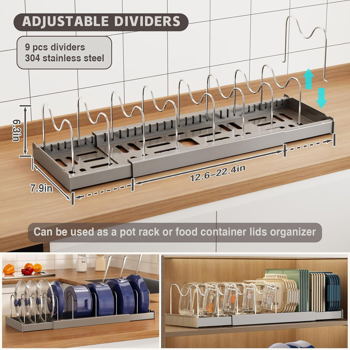 2 Pack Expandable Food Storage Container Lid Organizers, 22" Pots and Pans Organizer Under Cabinet with 9 Adjustable Dividers Pot and Pan Lid Holders Rack Inside Cabinet(White)