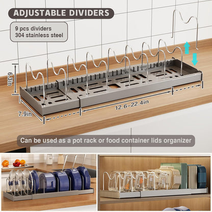 2 Pack Expandable Food Storage Container Lid Organizers, 22" Pots and Pans Organizer Under Cabinet with 9 Adjustable Dividers Pot and Pan Lid Holders Rack Inside Cabinet(White)