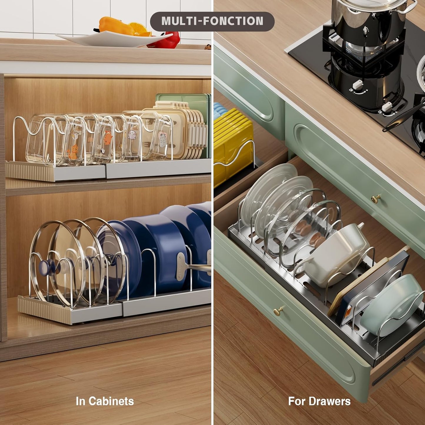 2 Pack Expandable Food Storage Container Lid Organizers, 22" Pots and Pans Organizer Under Cabinet with 9 Adjustable Dividers Pot and Pan Lid Holders Rack Inside Cabinet(White)