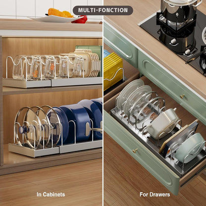2 Pack Expandable Food Storage Container Lid Organizers, 22" Pots and Pans Organizer Under Cabinet with 9 Adjustable Dividers Pot and Pan Lid Holders Rack Inside Cabinet(White)