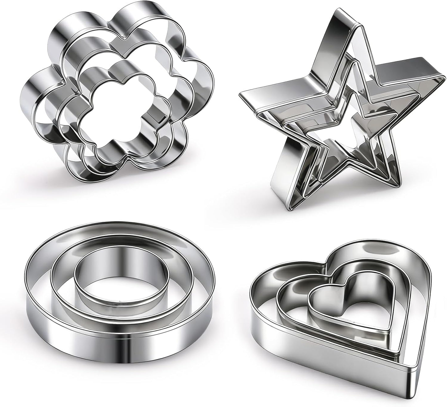 12 Pcs Professional Stainless Steel Cookie Cutters Set - Heart, Flower, Round, Star Shapes Metal Biscuit Cutter, Essential Baking Tools for Dough Preparation