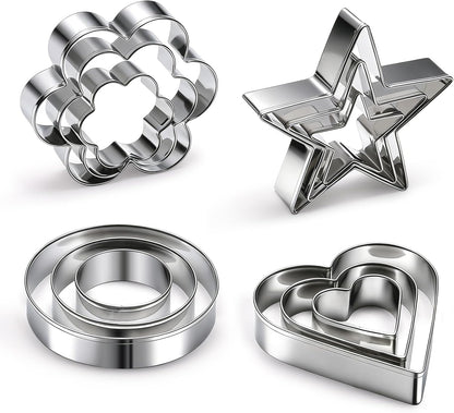 12 Pcs Professional Stainless Steel Cookie Cutters Set - Heart, Flower, Round, Star Shapes Metal Biscuit Cutter, Essential Baking Tools for Dough Preparation
