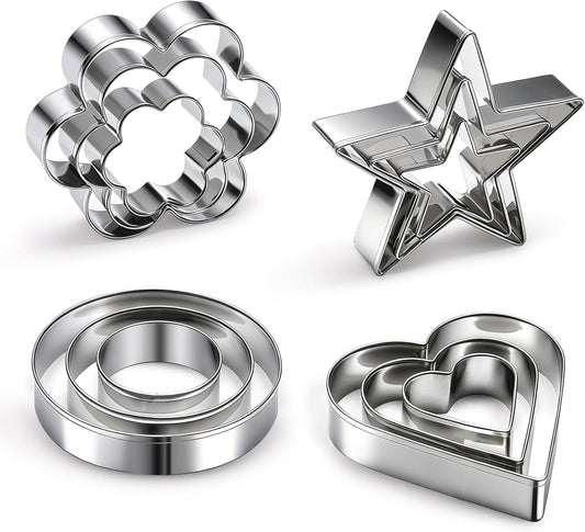 12 Pcs Professional Stainless Steel Cookie Cutters Set - Heart, Flower, Round, Star Shapes Metal Biscuit Cutter, Essential Baking Tools for Dough Preparation