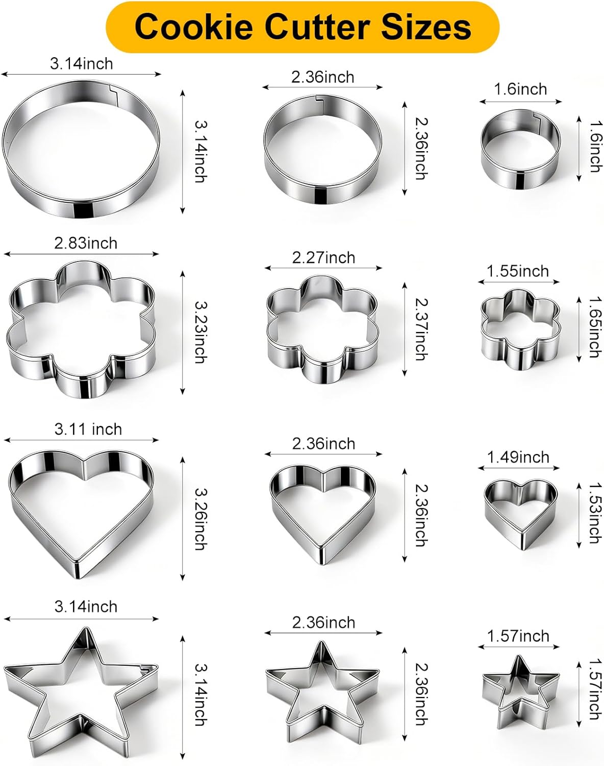 12 Pcs Professional Stainless Steel Cookie Cutters Set - Heart, Flower, Round, Star Shapes Metal Biscuit Cutter, Essential Baking Tools for Dough Preparation