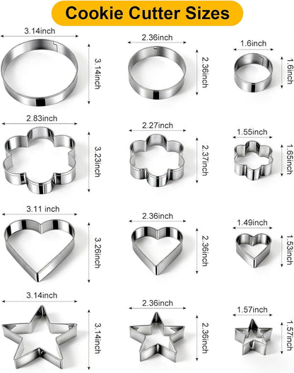 12 Pcs Professional Stainless Steel Cookie Cutters Set - Heart, Flower, Round, Star Shapes Metal Biscuit Cutter, Essential Baking Tools for Dough Preparation