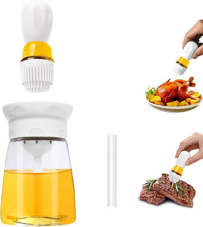Oil Dispenser Bottle with Brush - 2 IN 1 Kitchen Olive Oil Container with Silicone Pastry Basting Brush for Cooking Vinegar Sauce BBQ Grill Frying, T-OB22, White