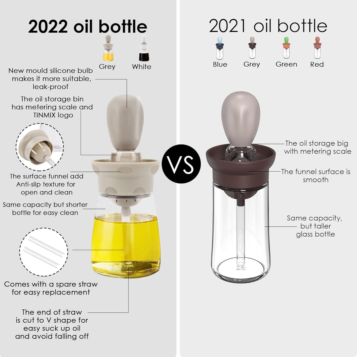 Oil Dispenser Bottle with Brush - 2 IN 1 Kitchen Olive Oil Container with Silicone Pastry Basting Brush for Cooking Vinegar Sauce BBQ Grill Frying, T-OB22, White
