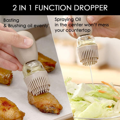 Oil Dispenser Bottle with Brush - 2 IN 1 Kitchen Olive Oil Container with Silicone Pastry Basting Brush for Cooking Vinegar Sauce BBQ Grill Frying, T-OB22, White