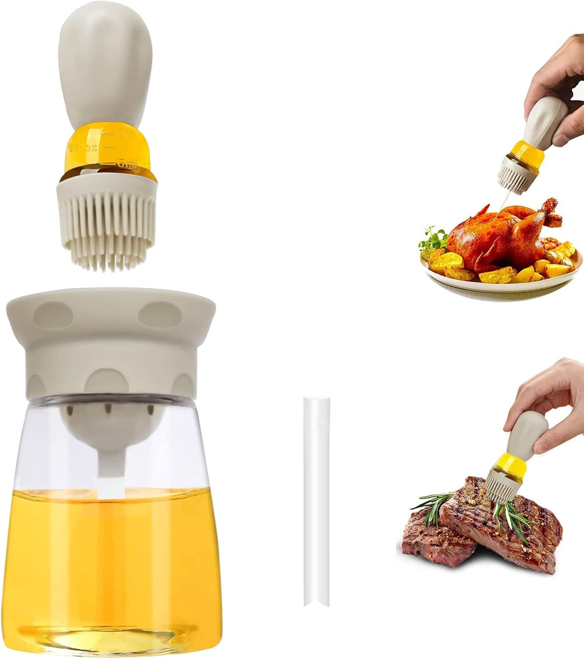 Oil Dispenser Bottle with Brush - 2 IN 1 Kitchen Olive Oil Container with Silicone Pastry Basting Brush for Cooking Vinegar Sauce BBQ Grill Frying, T-OB22, White