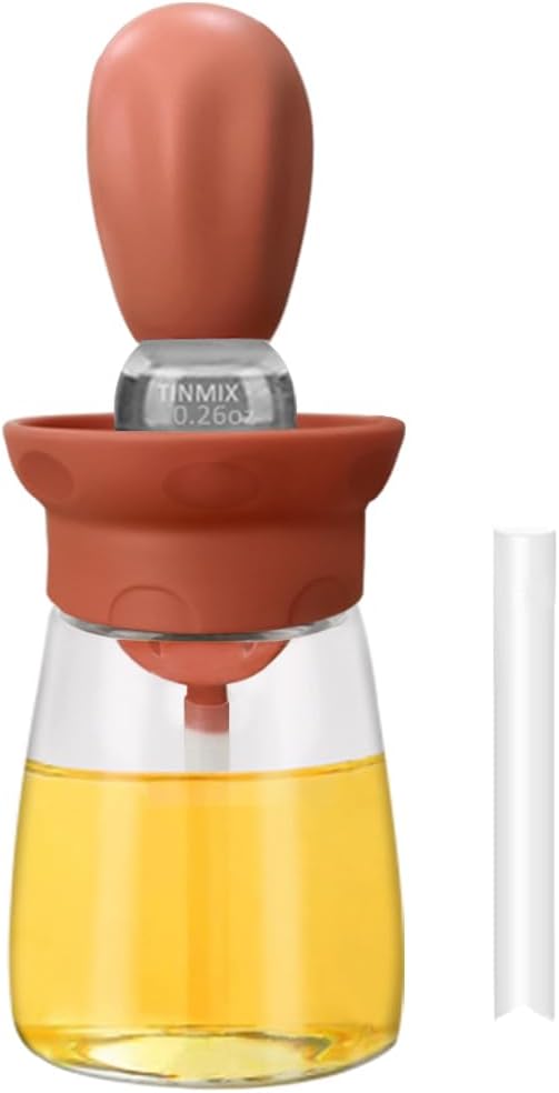 Oil Dispenser Bottle with Brush - 2 IN 1 Kitchen Olive Oil Container with Silicone Pastry Basting Brush for Cooking Vinegar Sauce BBQ Grill Frying, T-OB22, White