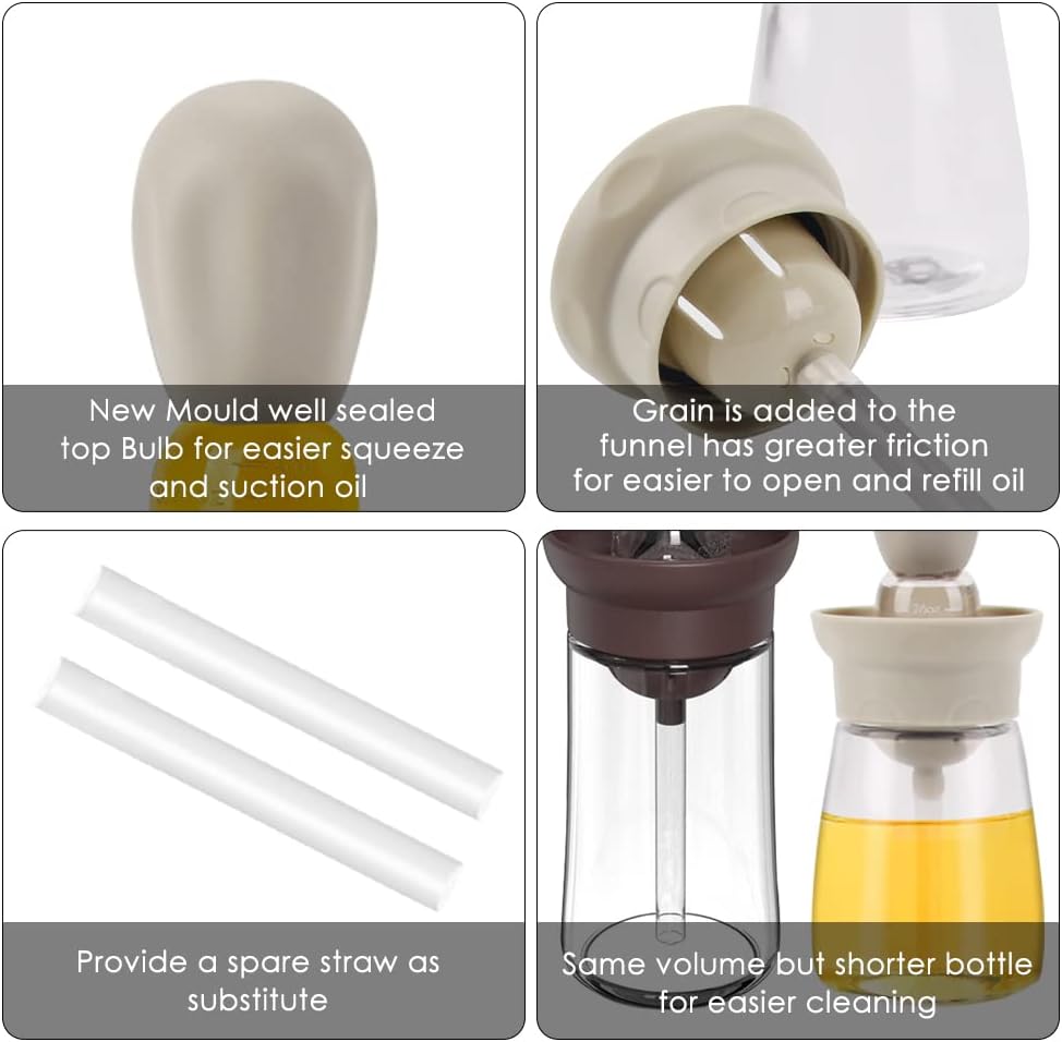 Oil Dispenser Bottle with Brush - 2 IN 1 Kitchen Olive Oil Container with Silicone Pastry Basting Brush for Cooking Vinegar Sauce BBQ Grill Frying, T-OB22, White