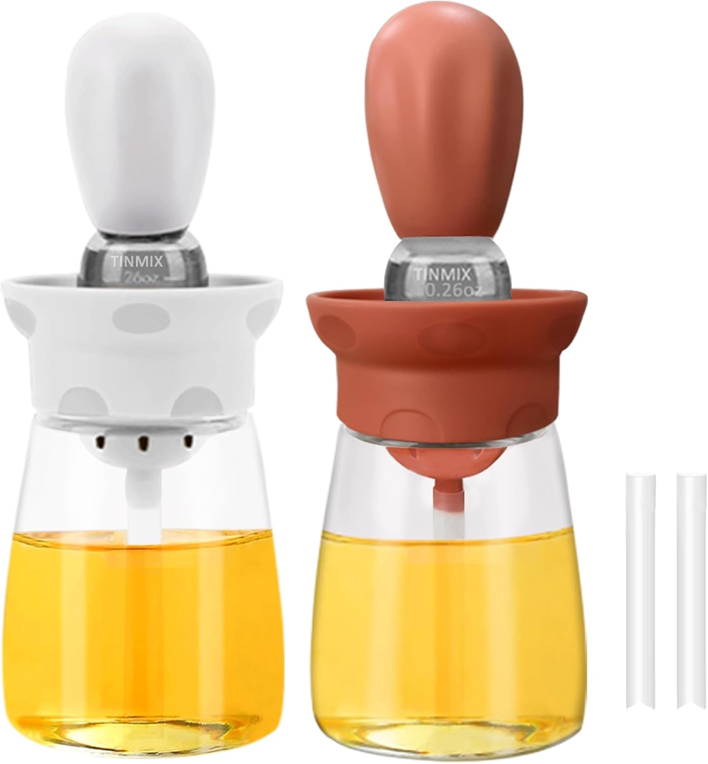 Oil Dispenser Bottle with Brush - 2 IN 1 Kitchen Olive Oil Container with Silicone Pastry Basting Brush for Cooking Vinegar Sauce BBQ Grill Frying, T-OB22, White