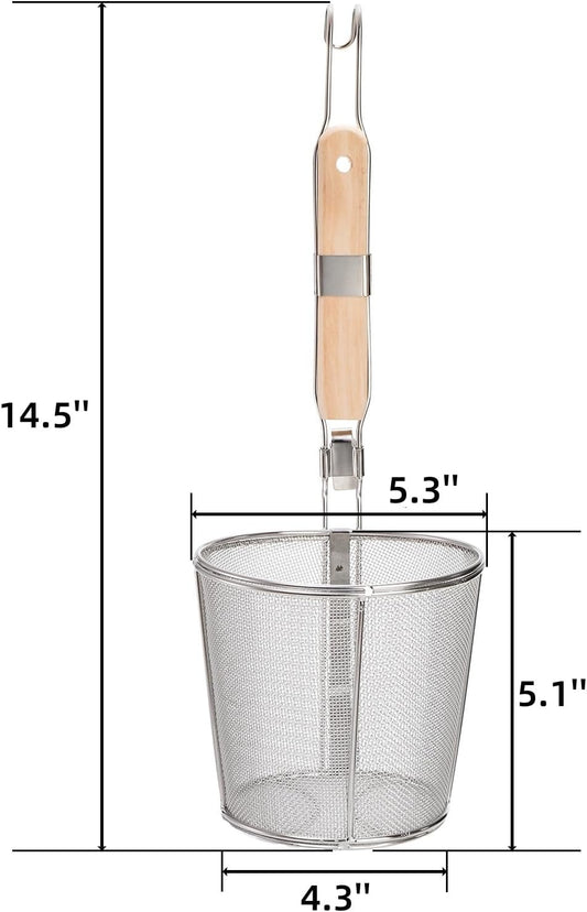 ZAVOOS 2 Pack Pasta Strainer Basket, Stainless Steel Mesh Spider Strainer with Wooden Handle for Boiling, Kitchen Fine Food Skimmer Deep Fry Basket for Pasta, Noodle, Dumpling, 5.3''D x 5.1''H