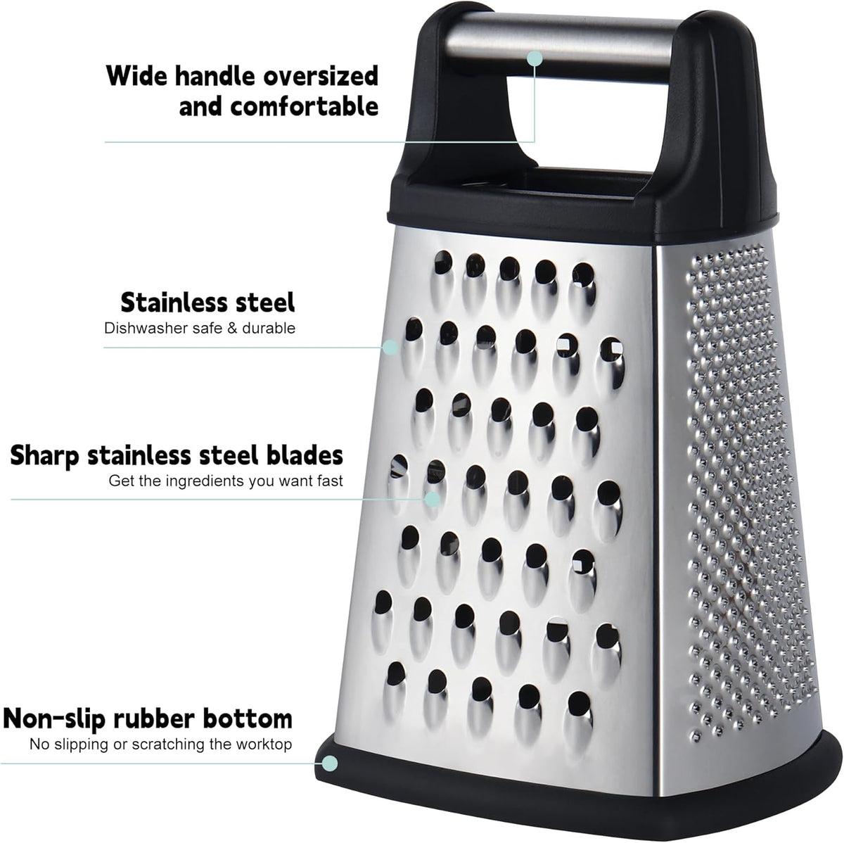 Professional Cheese Grater, 4-Sided Stainless Steel Box Grater, Food Shredder for Cheese, Parmesan, Vegetable, Black