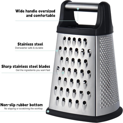 Professional Cheese Grater, 4-Sided Stainless Steel Box Grater, Food Shredder for Cheese, Parmesan, Vegetable, Black