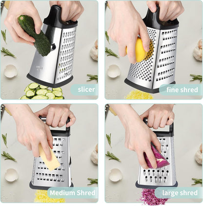 Professional Cheese Grater, 4-Sided Stainless Steel Box Grater, Food Shredder for Cheese, Parmesan, Vegetable, Black