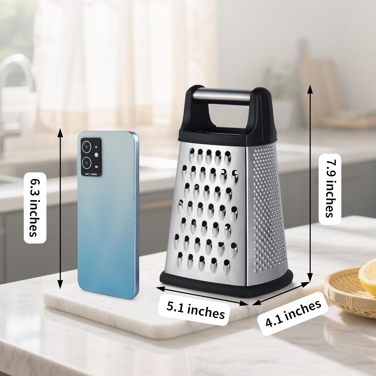 Professional Cheese Grater, 4-Sided Stainless Steel Box Grater, Food Shredder for Cheese, Parmesan, Vegetable, Black