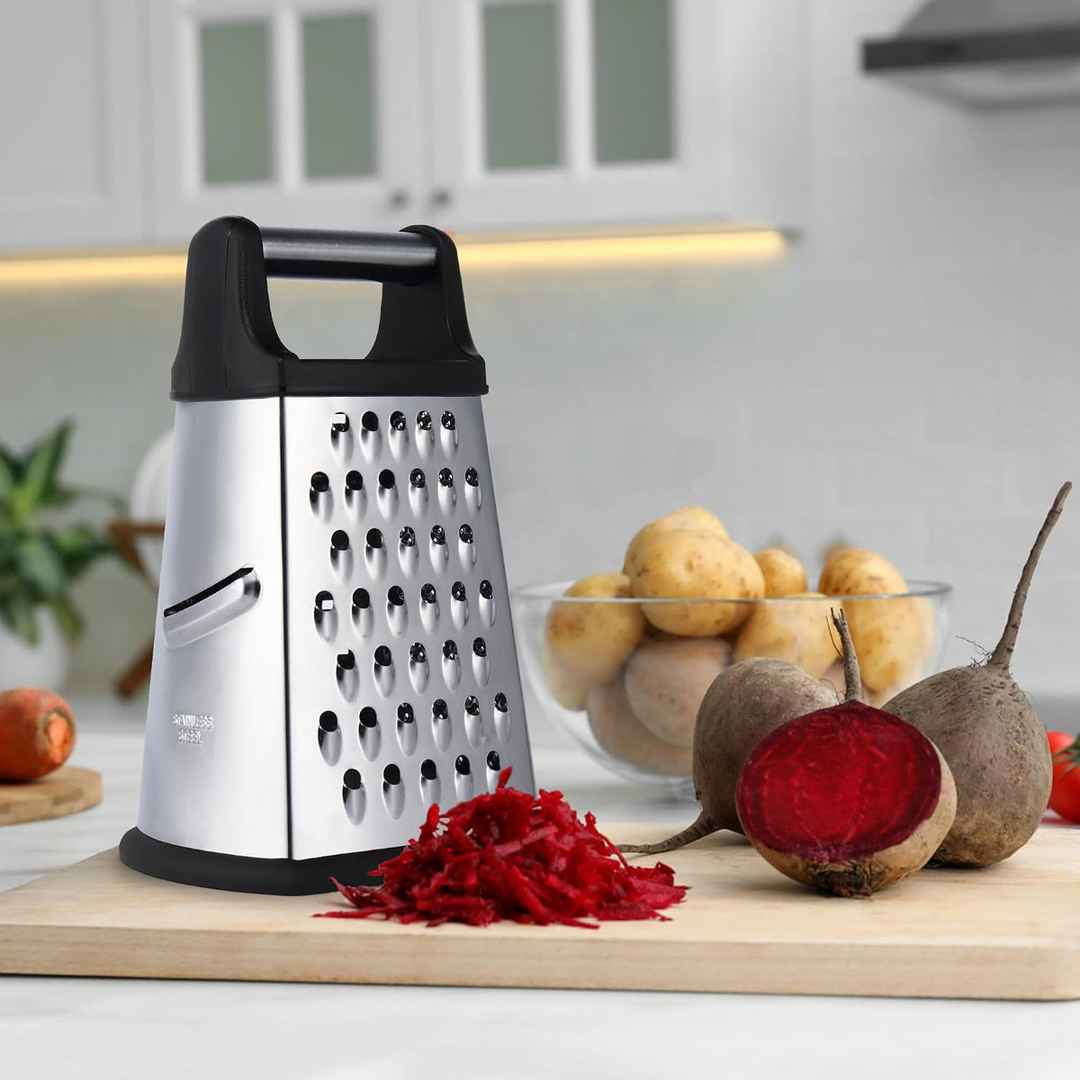 Professional Cheese Grater, 4-Sided Stainless Steel Box Grater, Food Shredder for Cheese, Parmesan, Vegetable, Black