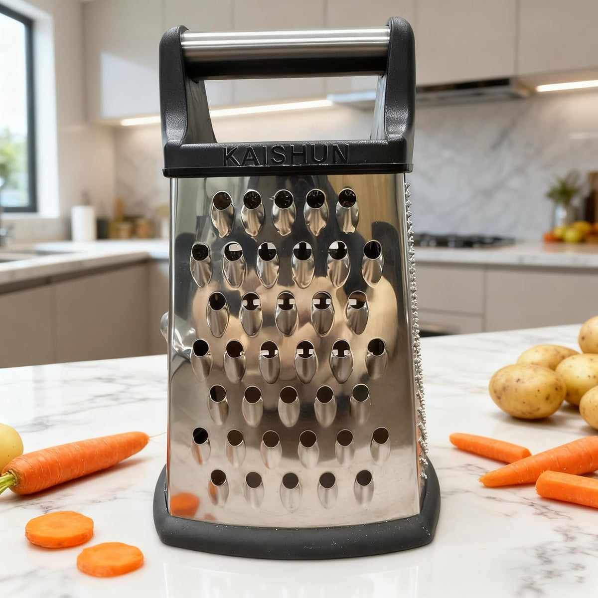 Professional Cheese Grater, 4-Sided Stainless Steel Box Grater, Food Shredder for Cheese, Parmesan, Vegetable, Black